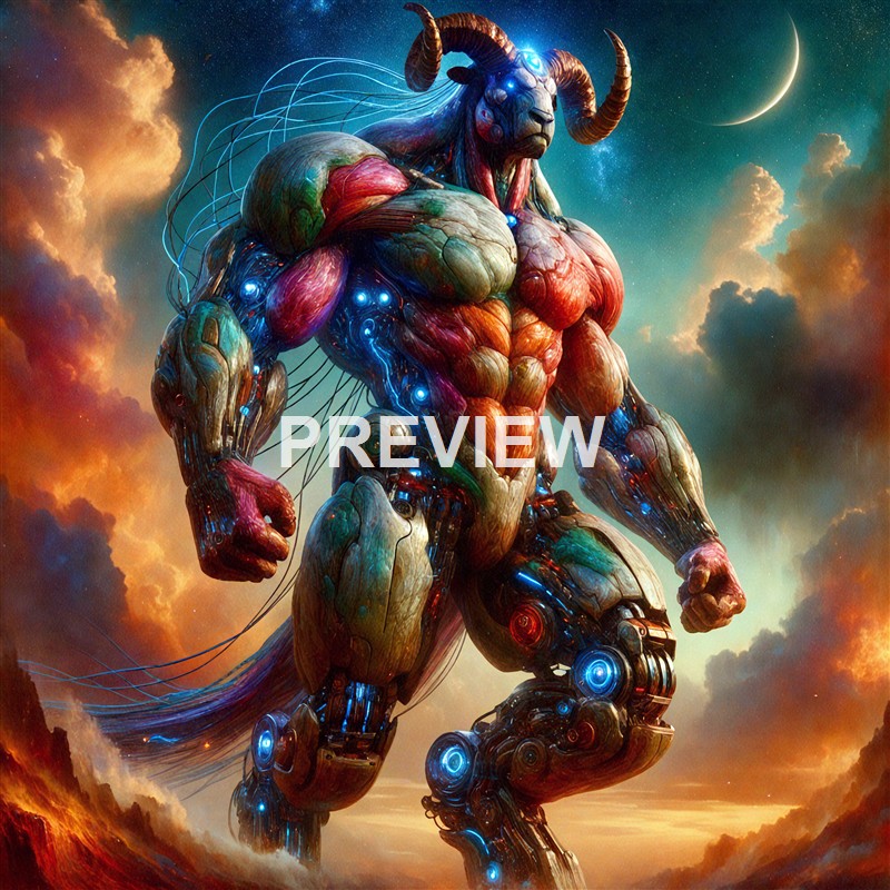 An enormous, muscular creature with a humanoid body and a goat-like head, featuring glowing blue eyes, horns, and a blend of organic and mechanical elements, standing against a dramatic sky with clouds and a crescent moon.